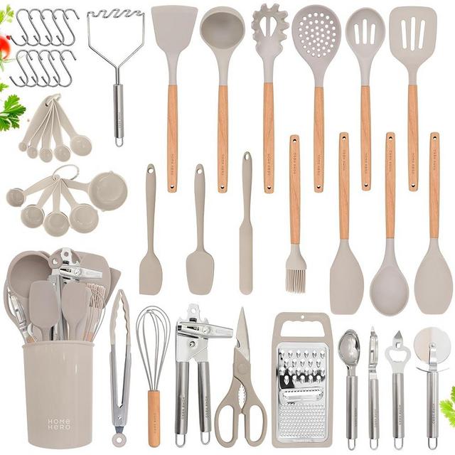 Home Hero Silicone Kitchen Utensils Set, Non-Stick Silicone Cooking Utensils Set with Spatula, Wooden Handle Spatula, Silicone Kitchen Gadgets Utensil Set (44 Pcs - Stone)