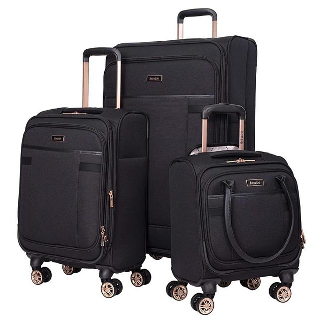 kensie Women's Hudson Softside 3-Piece Spinner Luggage Set, Black with Rose Gold, (20/24/28)