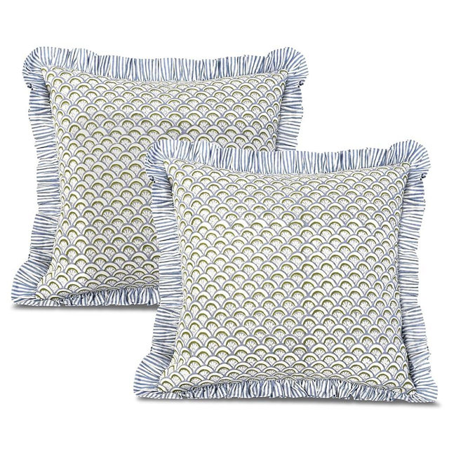 Ridhi Block Print Hand Fan Harmony Throw Pillow Cover 20" x 20" (Pack of 2) Decorative Cushion Covers with Ruffle for Couch, Sofa, Bed, Living Room, Home Decor Gift for Spring, Easter, Valentine