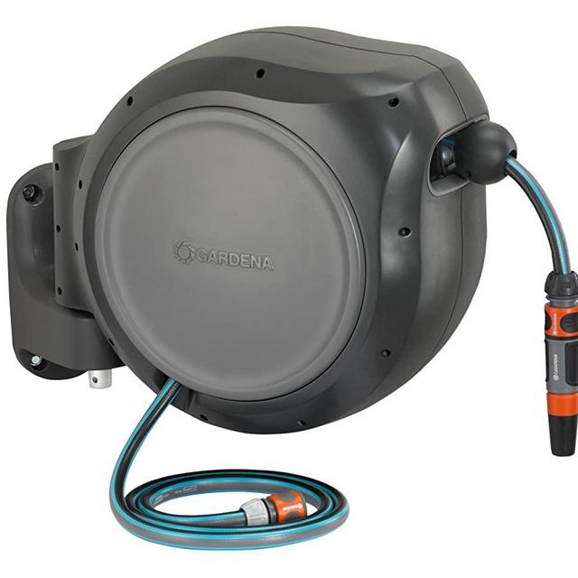 Gardena 8045 66 Foot Wall Mounted Retractable Reel with Hose Guide, ft, Grey