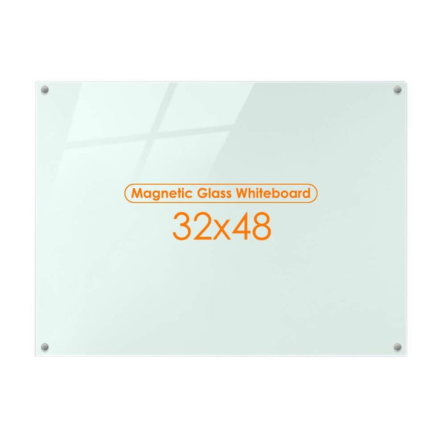 Magnetic Glass Whiteboard Dry Erase Board, 48 X 32 Magnetic Glass Board Large Whiteboards Glasses for Interactive Office Wall Frameless White Glassboard with Marker Tray
