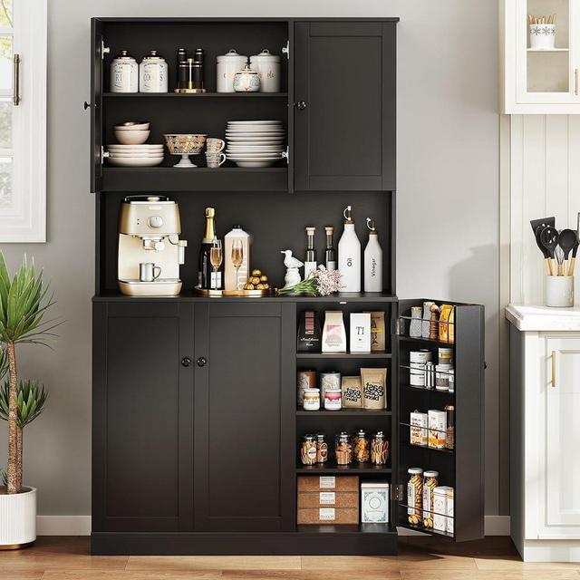 ONBRILL 71" Tall Pantry Storage Cabinet with Microwave Stand & Door Shelf, Freestanding Hutch with 6 Doors and Adjustable Shelves, Modern Food Pantry for Kitchen, Dining Room (Black)