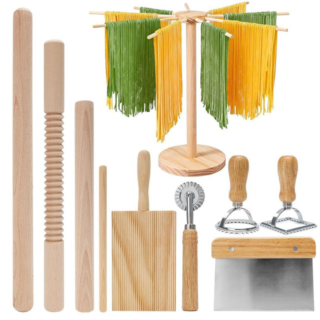 Pasta Making Tools 9 Pcs with Pasta Drying Rack, Threaded Rolling Pin, 2 Rolling Pins, Gnocchi Board, Dough Cutter, Wheel Cutter, 2 Ravioli Stamps,Pasta Making Kit Accessories for Home