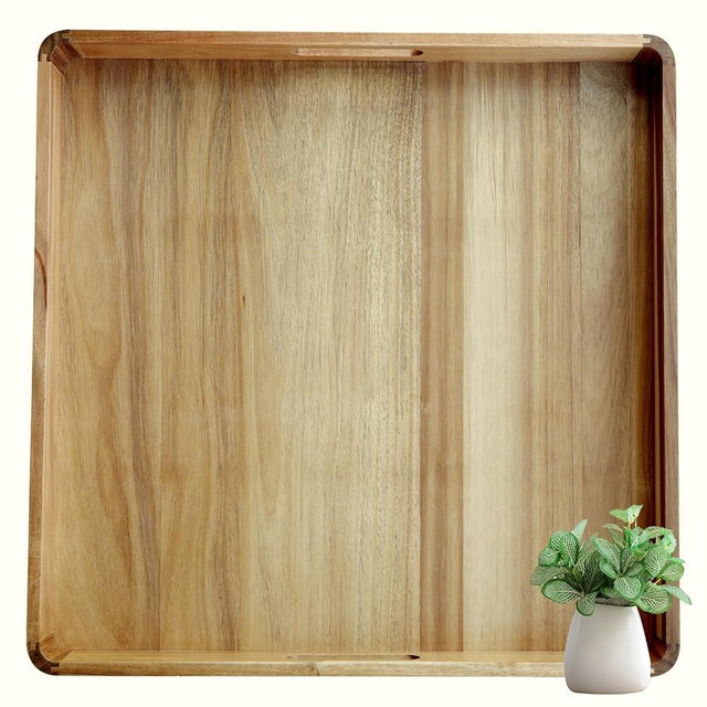 ClevRumzzi Large Square Wood Tray for Big Ottoman Coffee Table, 22" Oversized Wood Serving Tray 4-Round Corner, Big Rectangle Wooden Tray Huge Handles, Extra Large Rustic Acacia Giant Foursquare Tray