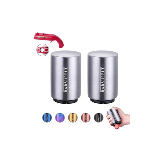 Bar Supply Magnetic Beer Bottle Opener Set: Push Down, Pop Off, Magnetic Catcher, Stainless Steel. Easy Use, 2-Pack + Bonus Cap Launcher - Silver