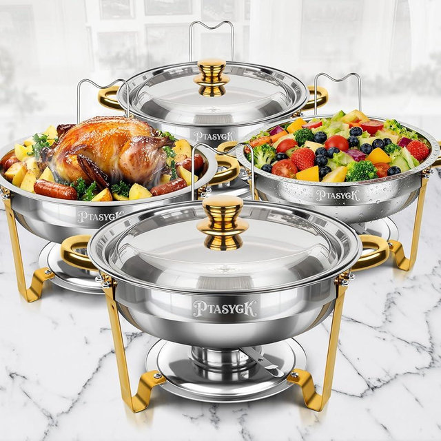 PTASYGK Chafing Dishes for Buffet - 4 Pack 5QT Gold Stainless Steel Round Food Warmer with Stainless Steel Lid, Lid Holder & Stackable Design for Home Parties & Small Catering