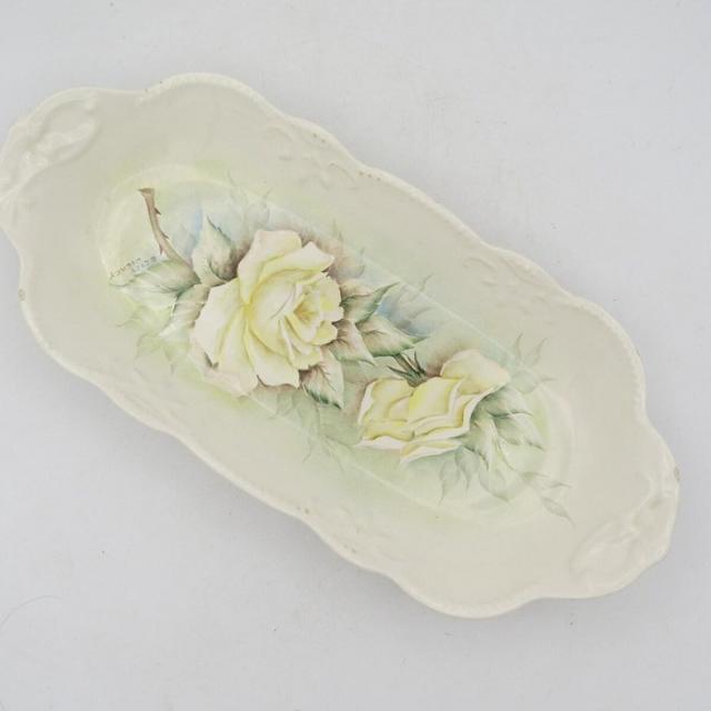 Vintage White Oval Vanity Tray with Pale Yellow Roses, Porcelain Floral Bathroom Tray, 12" x 5", Jewelry Tray, Perfume Tray