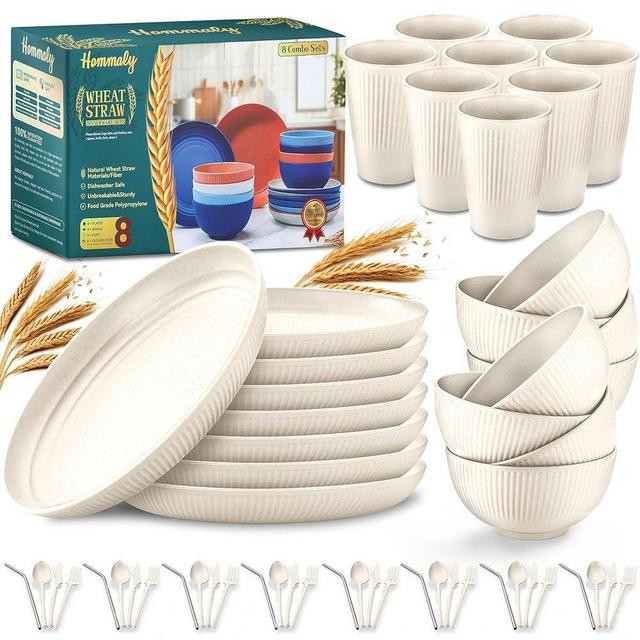 Wheat Straw Dinnerware Sets,56-Piece Beige Plates and Bowls Sets for 8-Unbreakable,Reusable Plastic Dish Set-Dinner Plate/Cereal Bowl/Cup/Utensils-Microwavable Dishwasher Safe 56P-Beige