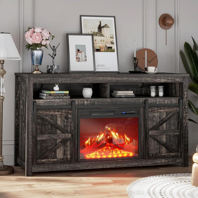 Tobegin 58" Fireplace TV Stand for TVs up to 65", Entertainment Center with Storage, 23" Electric Fireplace Insert Heater with Remote Control for Living Room & Bedroom, Black