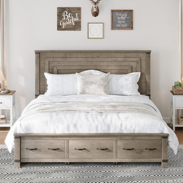 AMERLIFE Farmhouse King Size Bed Frame with 54" Tall Geometric Headboard & Footboard, Rustic Wood Platform Bed Frame with Large Storage Drawers, Wood Slats Support, No Box Spring Needed, Rustic Grey