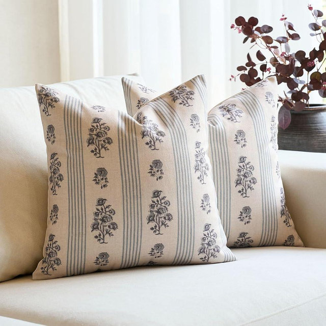 Amor Virisso Floral Throw Pillow Covers 20x20 Set of 2 Block Print Pillow Covers Neutral Floral Striped Farmhouse Decorative Pillow Covers for Sofa Couch Bed, Light Blue