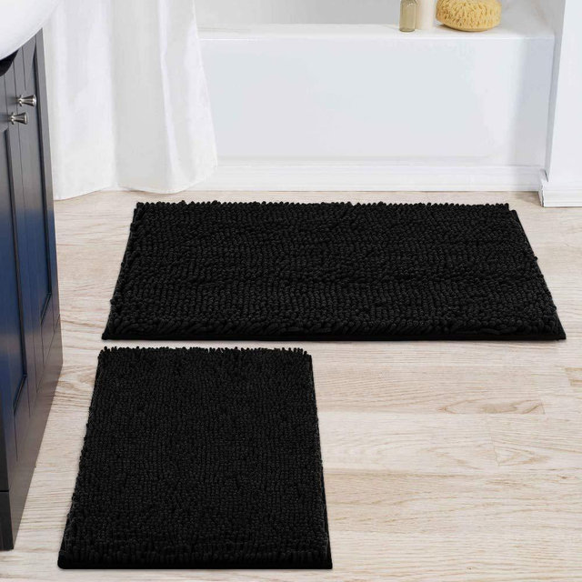 smiry Bathroom Rugs and Mats Set, 2 Piece Chenille Bath Mat Set, Machine Wash Dry, Non Slip Absorbent Shaggy Bath Rug for Bath Room, Shower and Tub (20" x 32"+17" x 24", Black)