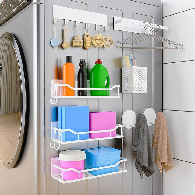 Bwesdero Magnetic Shelf 8-Pack - Heavy Duty Laundry Organizer for Washer & Dryer, Fridge Spice Rack, No-Drill Storage with Hooks & Towel Holder, 11lb Capacity