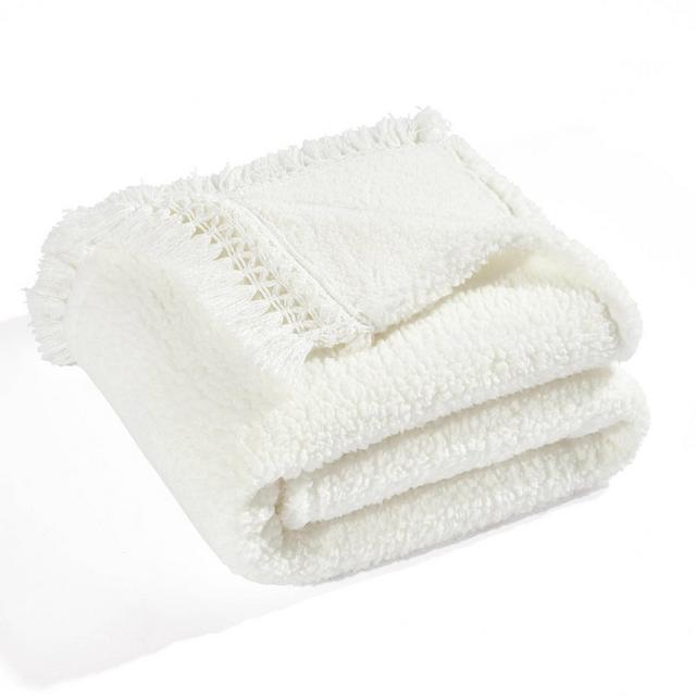 50"x60" Sherpa with Tassel and Fringe Throw Blanket White - Lush Décor
