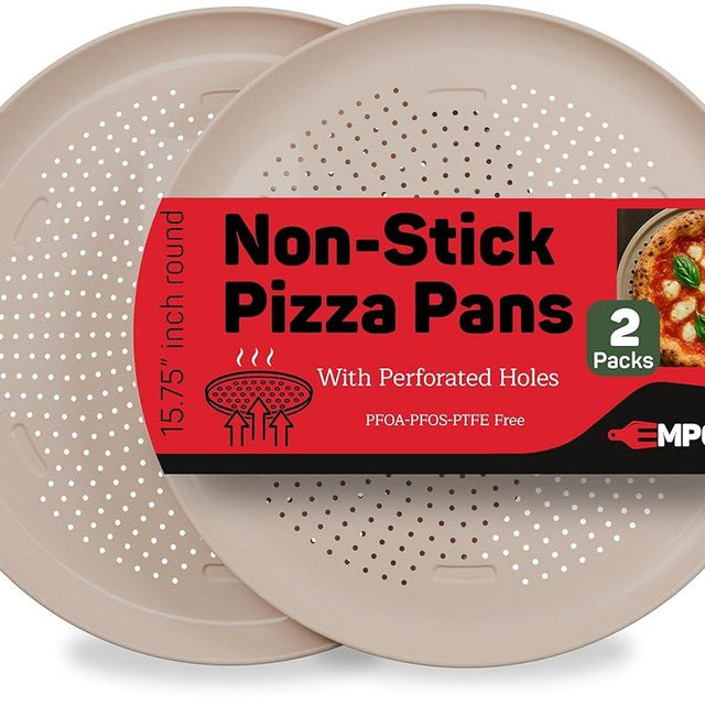 Emporio Kitchen Non-Stick Pizza Pan 2 Pack – 16 Inch Round Carbon Steel Pizza Tray with Perforated Holes, PFOAPFOSPTFE-Free, Dishwasher & Oven Safe Up To 450°F, Durable Nonstick White Marble Coating