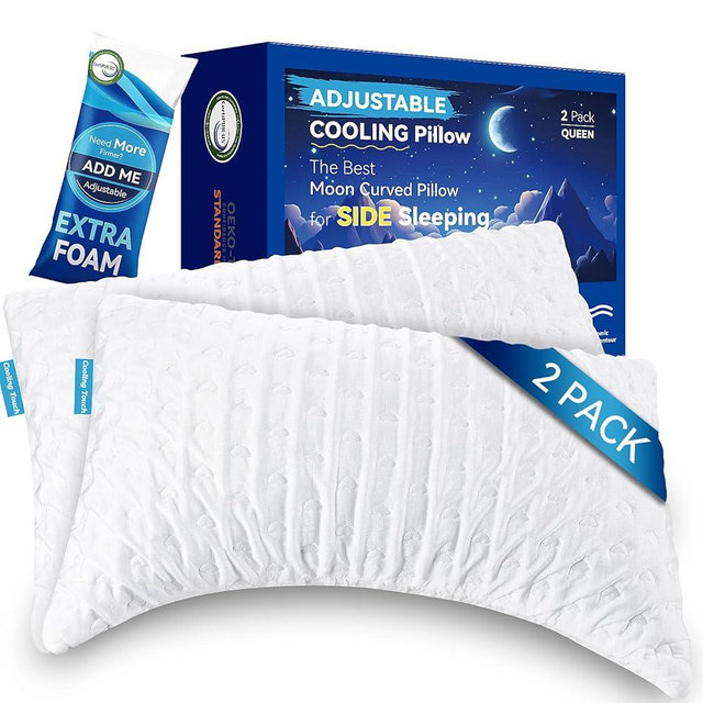 btasleeep Side Sleeper Pillow for Adults, for Women Men, Cooling Cervical Pillow for Neck & Shoulder Pain Relief, Adjustable Shredded Memory Foam, Extra Fill, Queen Size Set of 2