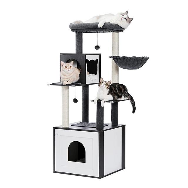 PETEPELA Modern Cat Tree Wood Cat Tower with Storage Cabinet Litter Box Enclosure and Spacious Cat Condo, Large Top Perch and Hammock, Sisal Covered Scratching Posts for Cats Black