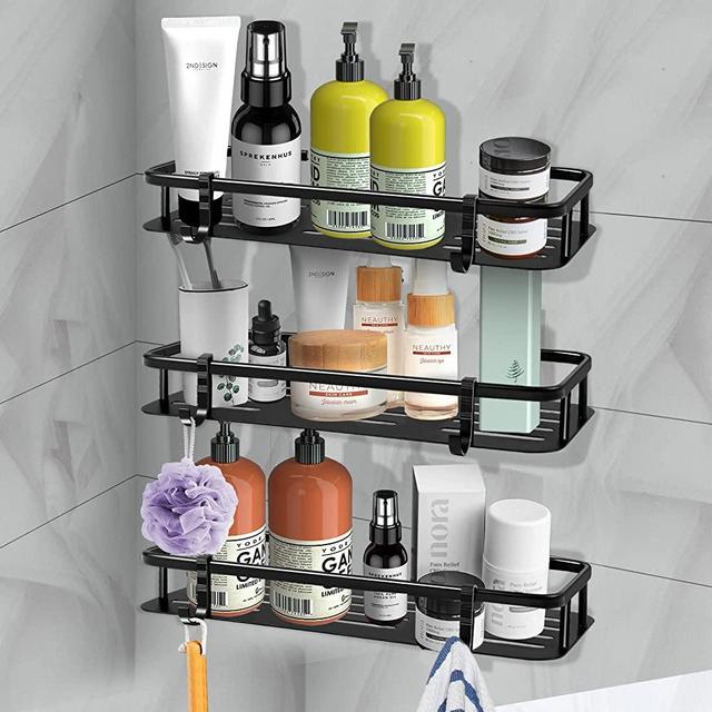 3 Pack Shower Caddy, Adhesive Shelf Wall Mounted Bathroom Shower Organizer Corner, No Drilling Kitchen Racks Shower Caddies, Aluminum Storage Organizer for Bathroom, Toilet, and Kitchen, Matt Black