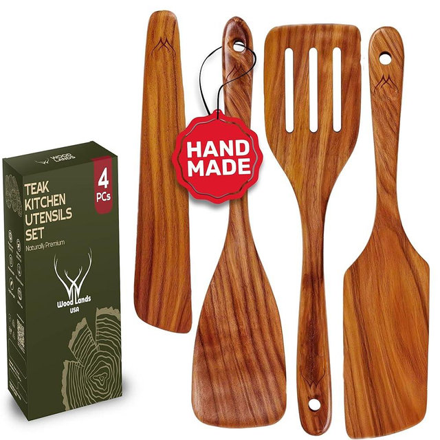 4PCS Wooden Spatula for Cooking – Premium Natural Teak Wood Set for Nonstick Cookware, Includes Paddle, Turner, Slotted Spurtle & Scraper, Smooth Comfortable Grip, Durable & Easy to Clean