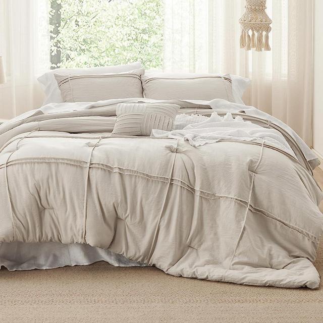Bedsure Beige King Size Comforter Set - 4 Pieces Grid Pleat Bed Set, Down Alternative Bedding Sets for All Season, Includes 1 Comforter, 2 Pillowcases, and 1 Decorative Pillow