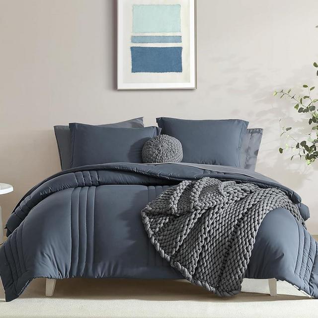 Monbix Queen Comforter Sets,Queen Bedding Set 7 Pieces, All Seasons Comforters,Fluffy Bed Set Warm Bed in A Bag Queen with Sheets(Blue Grey, Queen, 90''x90'')