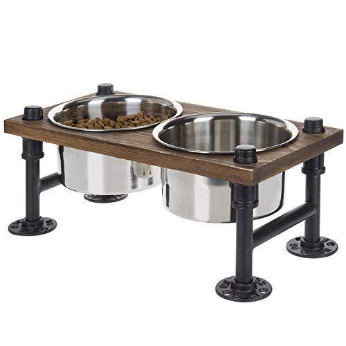 MyGift Rustic Wood and Industrial Metal Double Pet Feeder with Stand