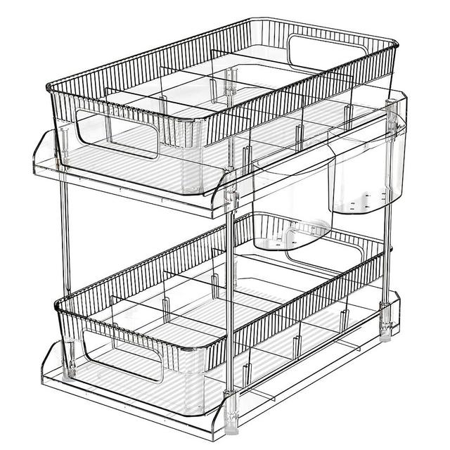 2 Tier Bathroom Organizer with Dividers,1 Set Clear Under Sink Organizers Storage Slide Out Bathroom Vanity Counter Storage Container with 4 Cups for Kitchen Pantry Cabinet Closet, Medicine Organizer