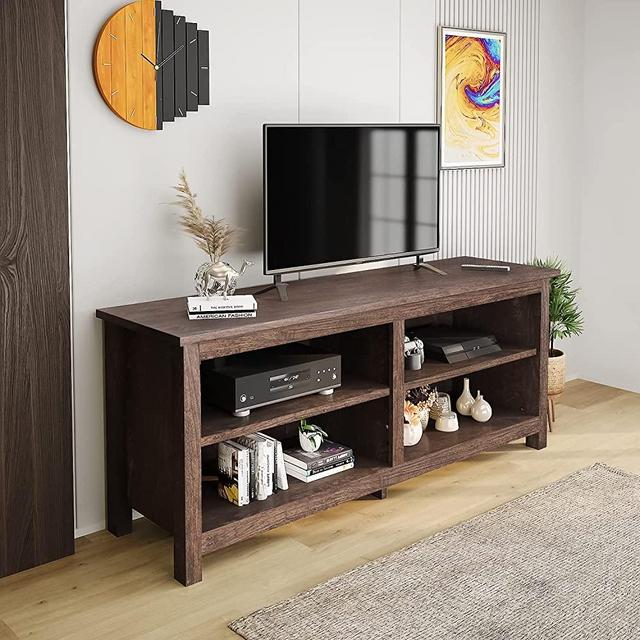 Hoomic 58" Modern TV Stand Console, Farmhouse Entertainment Center with 4 Open Storage Cabinets, Light Brown
