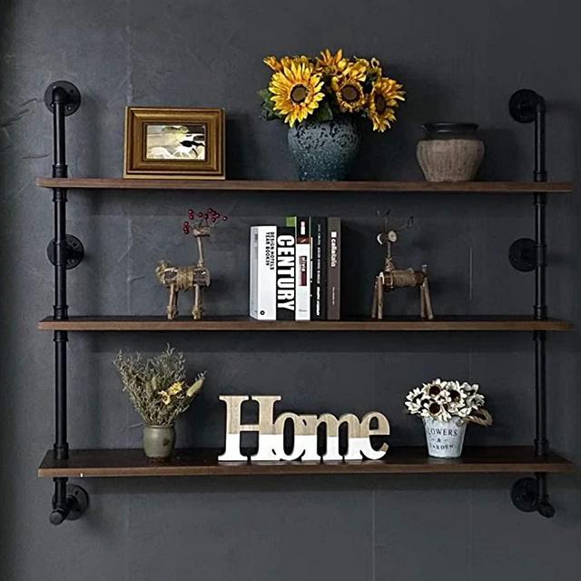 Industrial Pipe Wall Shelves Pipe Shelving with Real Wood Plank ,48 Inches Floating Shelves for Wall Farmhouse Pipe Book Shelves Dark Brown 3 Tier for Kitchen,Living Room Decor and Bar Shelving