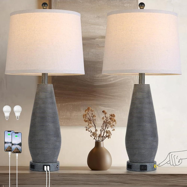 MOUVOVO Farmhouse Table Lamps Set of 2 with USB C+A Ports and AC Outlet, 3 Way Touch Rustic Bedside Lamps for Living Room, 26.5" Grey Vintage Lamps for Bedroom Nightstand