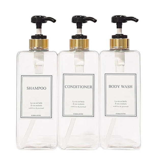 HARRA HOME Modern Gold Design 27 oz Shampoo and Conditioner Dispensers - Plastic Refillable Pump Bottle Set for Bathroom Shower Soap Dispenser, Set of 3 (Clear & Black)