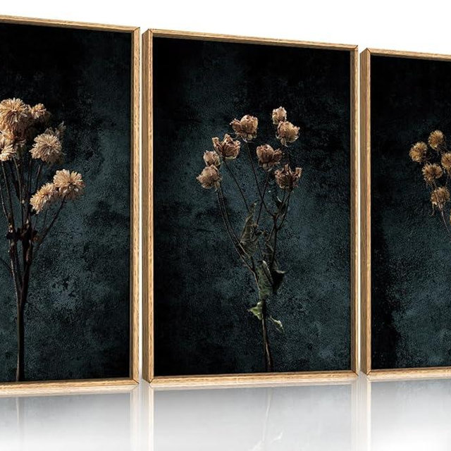 LHIUEM Dark Moody Wildflowers Framed Canvas Wall Art Set,Minimalist Wildflower Wall Decor,Vintage Black Flower Botanical Painting, Aesthetic Floral Artwork for Living Room,Bedroom,Office-24''x36''x3