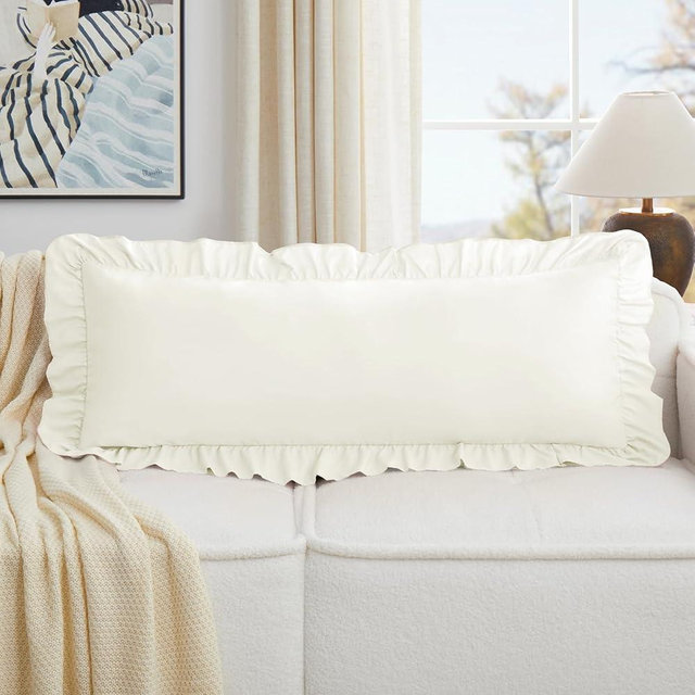 KKJIAF Beige Lumbar Pillow Covers 14x36 Inch Set of 1, Microfiber Ruffled Pillow Shams, Ruffle Sham Pillow Covers Lumbar Pillow Case for Couch Bed Livingroom