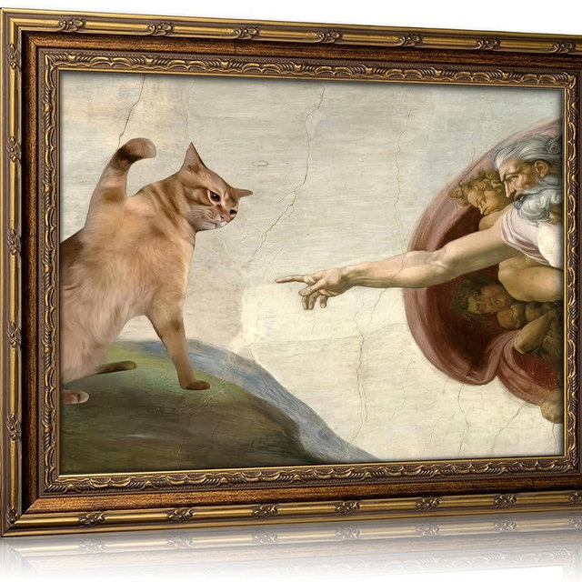 Vintage Gold Framed Renaissance Wall Art Fun Cat And God's Hand Wall Decor Whimsical Cat And Adam Painting Picture Creation of Adam Christian Poster Prints Artwork For Living Room Bedroom Dining Room