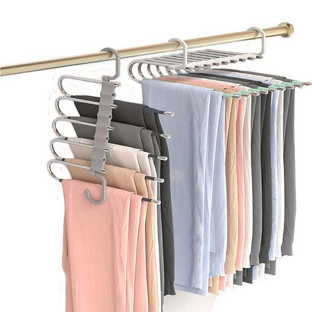 Space Saving Pants Hangers Stainless Steel Non-Slip Clothes Hangers 5 Layered Multi Functional Pants Rack Wardrobe Organizer Racks for Clothes Jeans Trousers Scarf Ties(2 Pack)