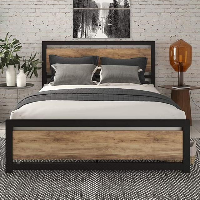 SHA CERLIN Queen Bed Frame with Modern Wooden Headboard / Heavy Duty Platform Metal Bed Frame with Square Frame Footboard & 12 Strong Steel Slat Support / No Box Spring Needed