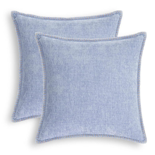 CaliTime Throw Pillow Cases Pack of 2 Cotton Thread Stitching Edges Solid Dyed Soft Chenille Cushion Covers for Couch Sofa Home Farmhouse Decoration 18 X 18 Inches Baby Blue