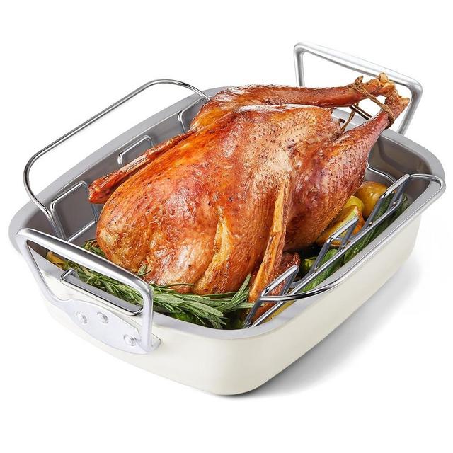 HONGBAKE Ceramic Coated Nonstick Large Turkey Roasting Pan with Rack (U-Shaped), 18.7×13.6 Inch Deep Roaster Pan for 25 lb Turkey & Chicken, Wider Handles, Non Toxic, PFOA & PTFE-Free, Cream & Gray