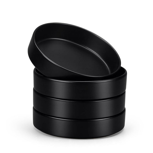 E-far Pasta Bowls Set of 4-35oz Shallow Ceramic Bowl Plates for Serving Dinner, Soup & Salad | Stoneware Pasta Plates | Microwave & Dishwasher Safe | Matte Black