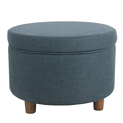 HomePop Round Upholstered Storage Ottoman, Teal Linen