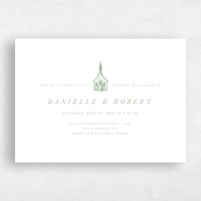 Sage, Green Wedding Invitation - Rustic Church Landscape