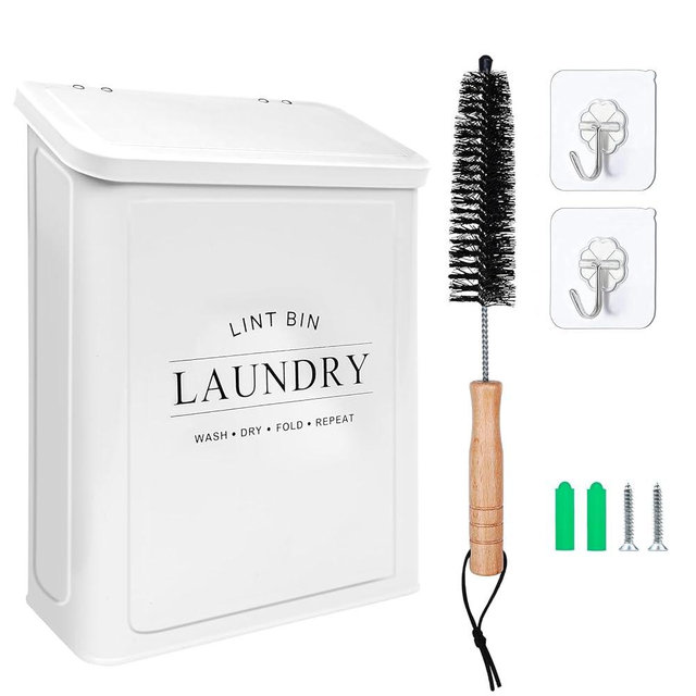 Magnetic Lint Bin with Lint Brush for Laundry Room Decor Farmhouse Rustic Metal Wall Mounted Lint Box Holder Keeper Organization Lint Trash Can with lid for Dryer