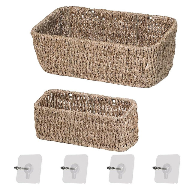 Ellinia Woven Hanging Wall Basket for Storage, Seagrass Woven Wall Mount Organizer Baskets, Wicker Wall Shelves for Mail Storage, Remote Control Holder, Toilet Tank Basket, Set of 2