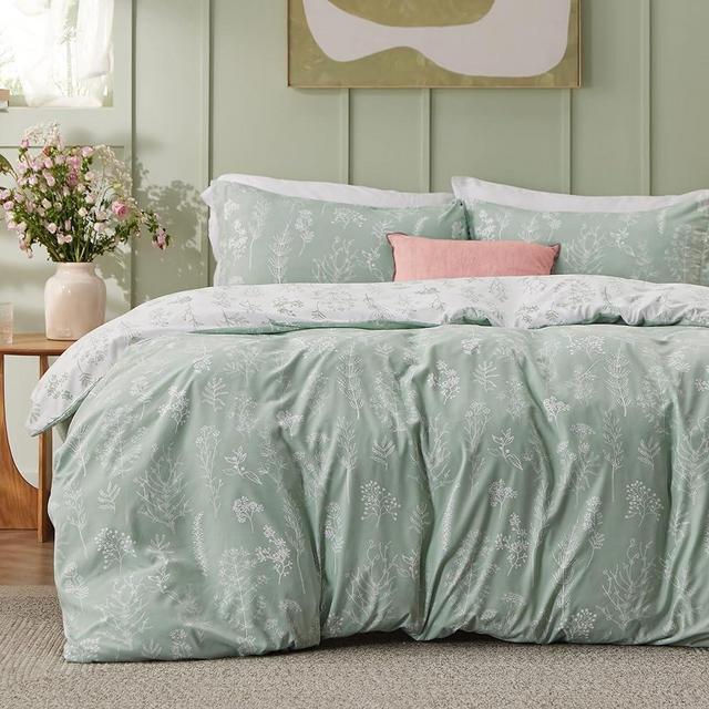 Bedsure Duvet Cover Queen Size - Reversible Floral Duvet Cover Set with Zipper Closure, Green Bedding Set, 3 Pieces, 1 Duvet Cover 90"x90" with 8 Corner Ties and 2 Pillow Shams 20"x26"