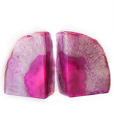 JIC Gem Pink Dyed Brazilian Agate Bookends Polished 1 Pair 2 to 3 LBS with Rubber Bumpers for Office and Home Decoration