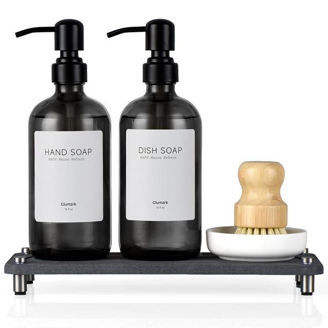 2 Pack Kitchen Soap Dispenser Set - 16oz Black Glass Dish and Hand Soap Dispenser with Stainless Steel Pump, Instant Dry Tray, Dish Brush & Holder, Refillable Countertop Sink Decor for Kitchen & Bath