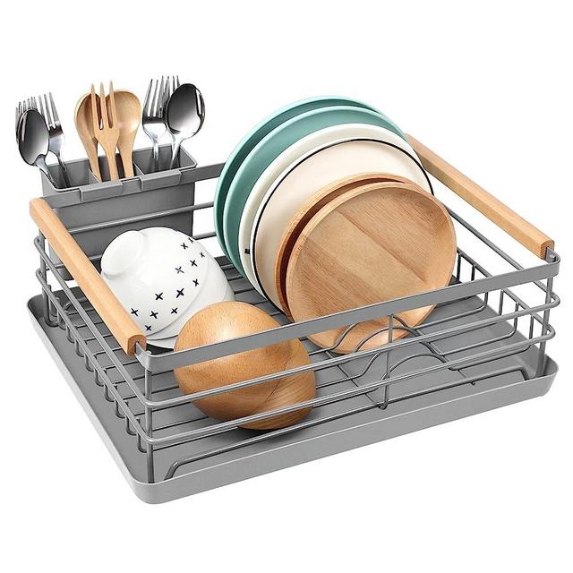 BRIAN & DANY Dish Drying Rack, Dish Racks for Kitchen Counter, Stainless Steel Dish Drainer with Removable Cutlery Holder & Drainboard, Grey