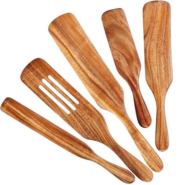 5 Pcs Wooden Spurtle Set, Natural Teak Kitchen Utensil Set Heat Resistant Non-Stick Wooden Spoons Tools for Cooking, Stirring, Mixing, Serving, Spurtles Kitchen Tools As Seen On TV