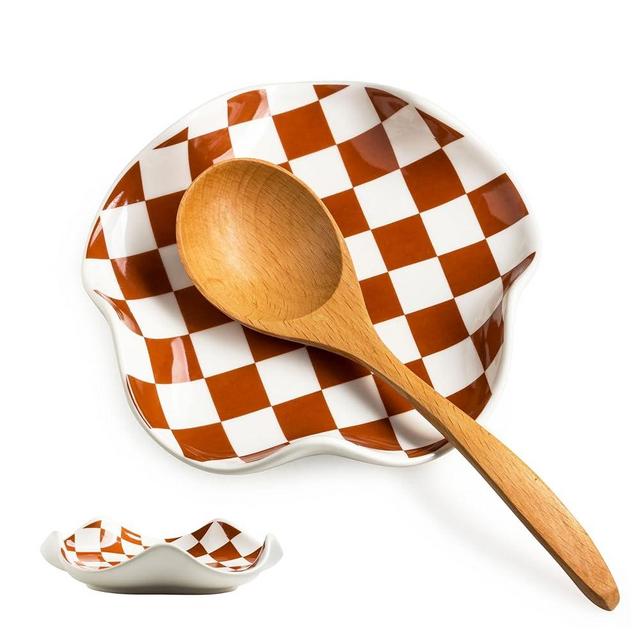 Miamolo Spoon Rest for Stove Top, Checkered Coffee Spoon Rest, Ceramic Spoon Holder for Kitchen Counter Cooking Utensil Rest, Modern Farmhouse Kitchen DéCor