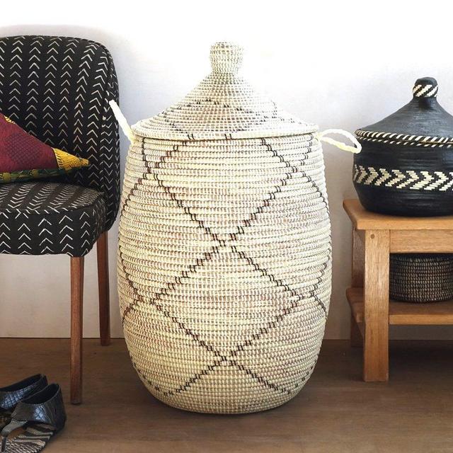 Black Line Patterned Laundry Basket (XL)  / Ivory / Home Decor Accessory